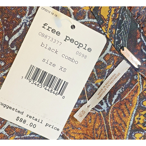 Free People Little Runaway Geometric Print Boho Peasant Top Blouse Size XS Brown - Picture 7 of 12